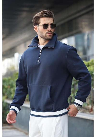 Madmext Lacivert Fermuarlı Dik Yaka Kanguru Cep Erkek Sweatshirt E7159 Lacivert