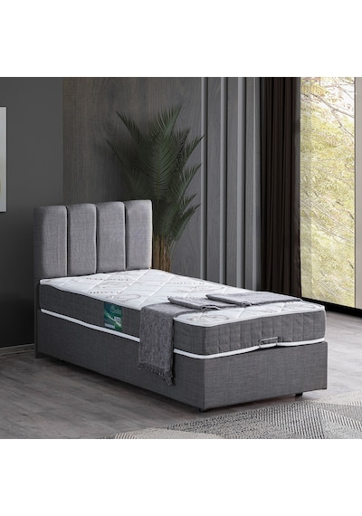 Setaymobilya Baza, Tek Kişilik Defne Baza+Başlık +Comfort Yatak Seti, Gri