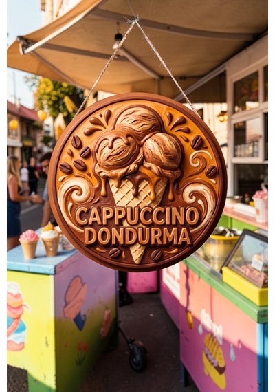 Cappuccino Dondurma Görselli İpli Ahşap Kapı Ve Duvar Süsü, Cafe, Dondurmacı Tabelası Dekoru