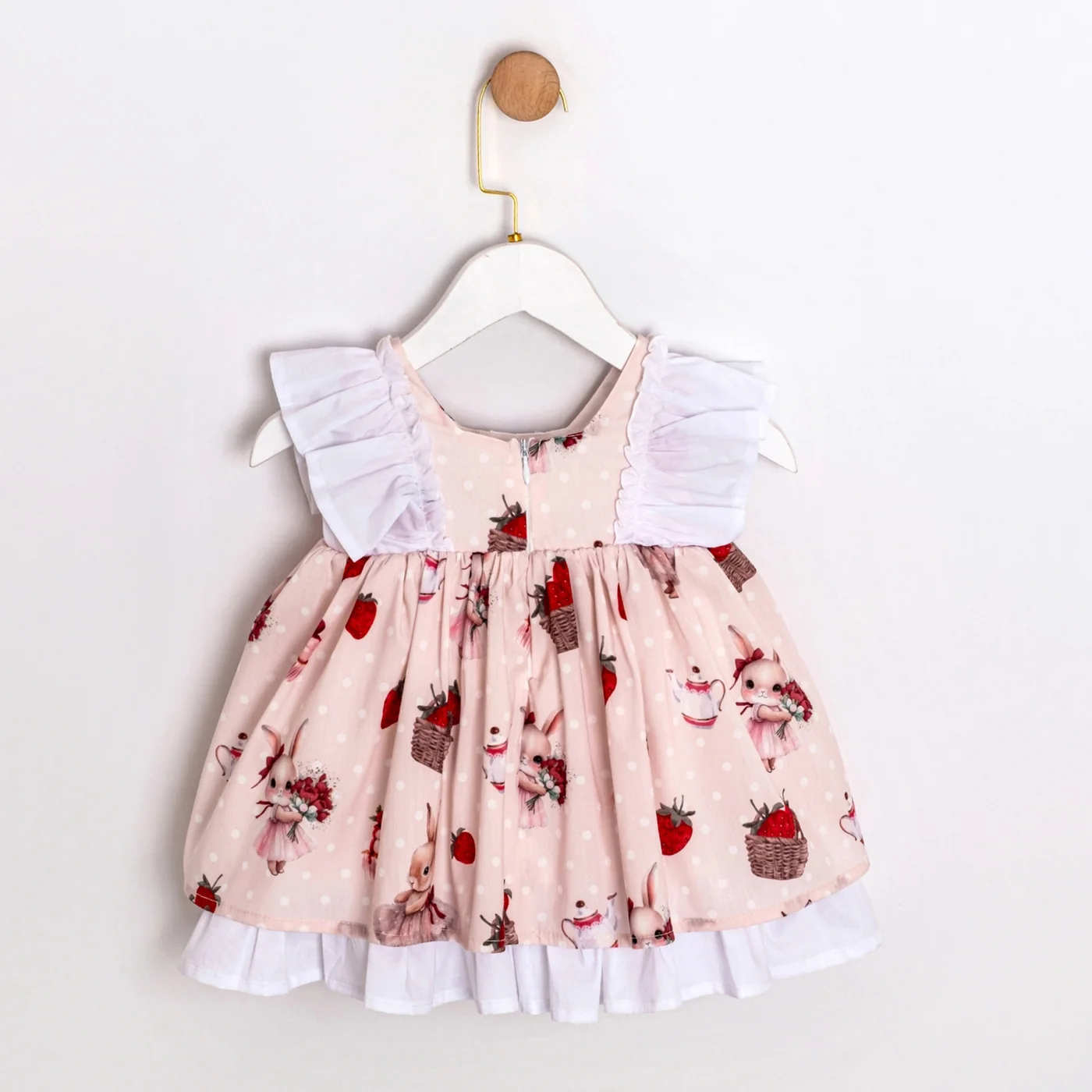 Momercy Tavşan Ve Çilek Baskılı Kız Bebek Elbise Pembe