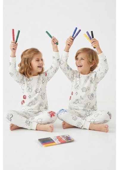 Noble Kids Çocuk Yeniden Boyanabilir Pijama Takımı Ve 6'lı Boya Kalem Seti Beyaz