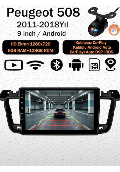 Peugeot 508 2011-2018 Android Navigasyon Multimedya Tesla Ekran Android Teyp Double Teyp 6gb Ram 128gb Hafıza Kablosuz Carplay Android Auto 9"