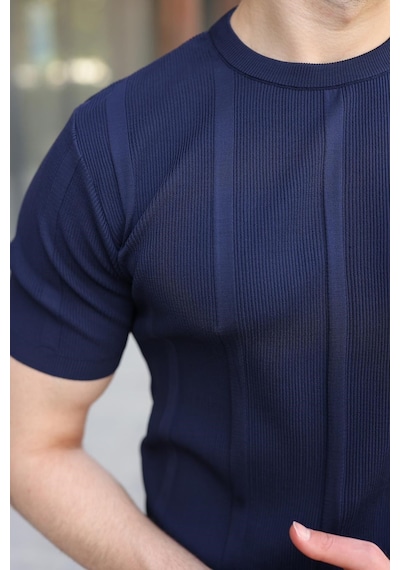 Madmext Lacivert Regular Fit Bisiklet Yaka Fitilli Triko Erkek Tişört E7490