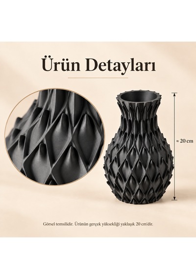 Yaprak Kabartmalı Dekoratif Vazo 20 Cm Kuru Çiçek Ve Pampas Vazosu Siyah
