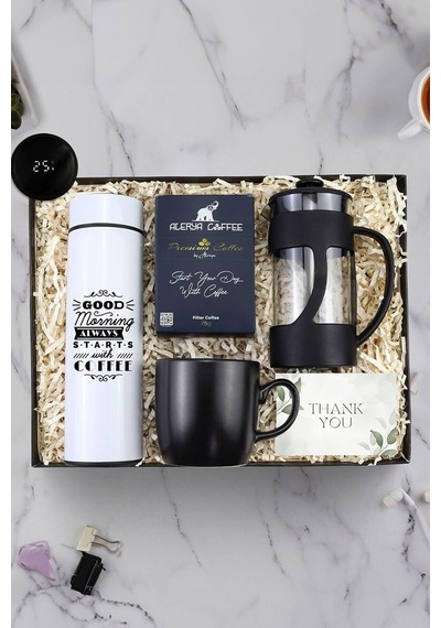 Tasarım Dereceli Termos & Siyah French Press & Siyah Kupa & Alerya Premium Filtre Kahve Seti