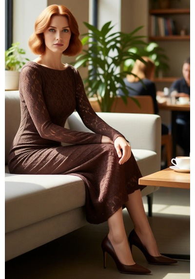 Ersefa Kadın Kayık Yaka Bodycon Kesim Uzun Kollu Astarlı Dantel Detay Ma Koyu Kahverengi