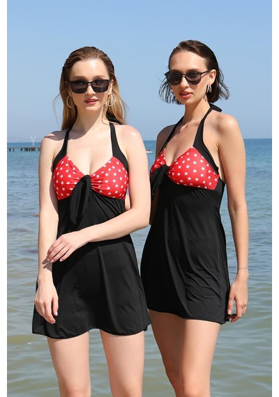 2k Moda Çizgi Kadın Likralı Şortlu Fiyonklu Elbise Mayo Kırmızı 37020 001