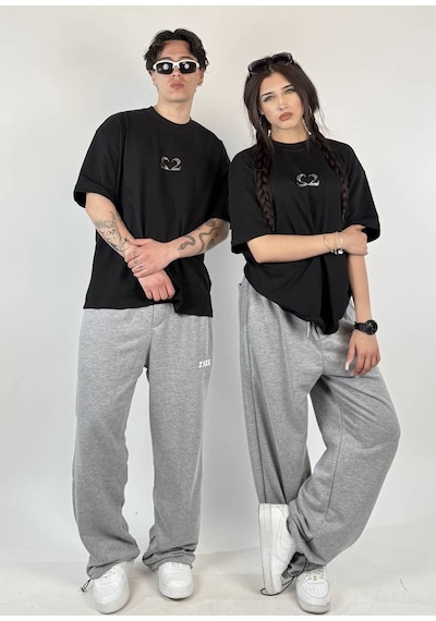 Zaee 2m Motive Taşlı Oversize T-shirt Siyah