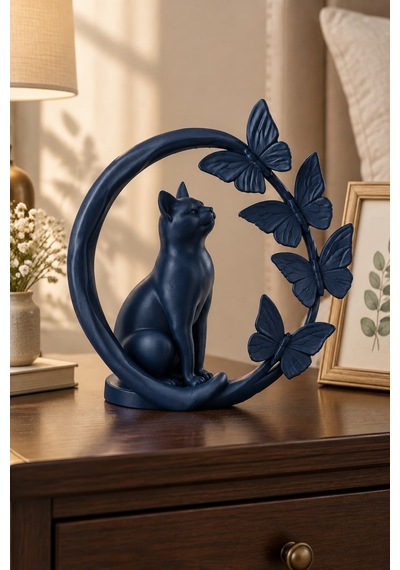 Kelebeklerle Çevrili Zarif Kedi Figürlü Dekoratif Biblo 78400430
