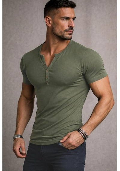 Özel Üretim Henley Yaka Düğmeli Açık Geniş Yaka Tişört T-shirt Haki Özel Üretim Henley Yaka Düğmeli Açık Geniş Yaka Tişört T-shirt Haki