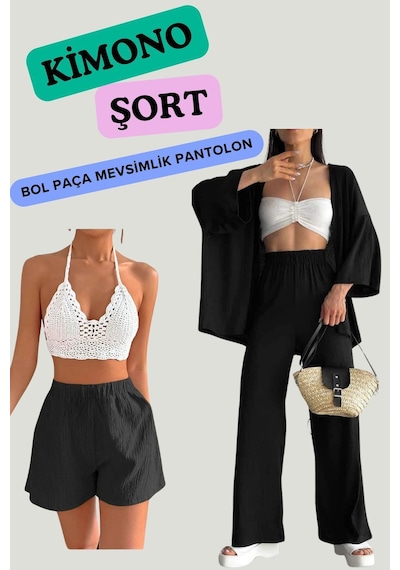 Woman And Kids Kadın Düz Renk Rahat Kesim 3 Parça Set Kimono Şort Pantolon Takım Siyah