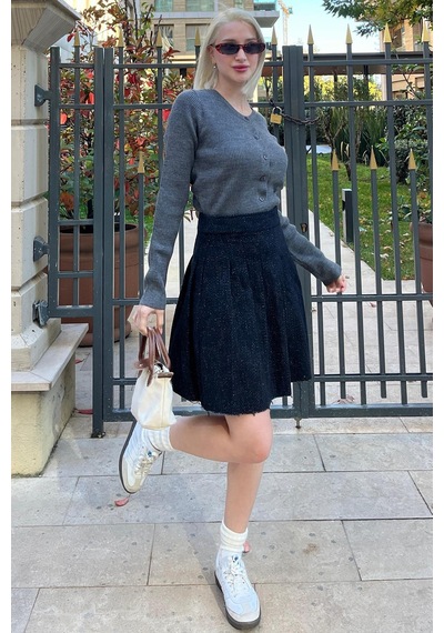 Madmext Siyah Ekose Desen Kadın Pileli Etek Mg2248 Siyah