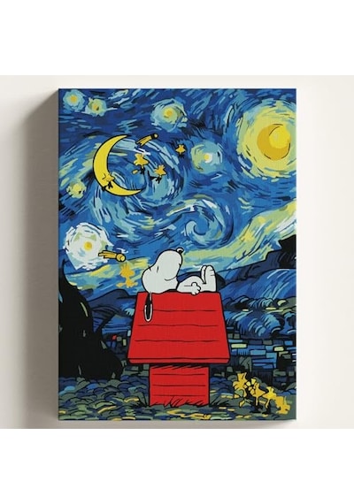 Sayılarla Boyama Tuval Hobi Seti, Yıldızlı Gece Snoopy Temalı Fırça Ve Boya Dahil Set Çıtalı 40x50 Cm, Kendin Yap Sayılarla Tuval Boya Kiti Kasnaklı