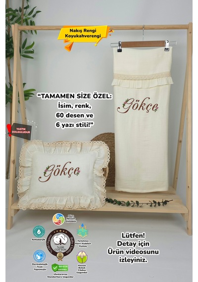 Gros Shop Müslin Yeni Doğan 4katlı Organik %100pamuk Kişiye Özgü Nakışlı Hastane Çıkış Seti Papatya Model-8 Ekru-1