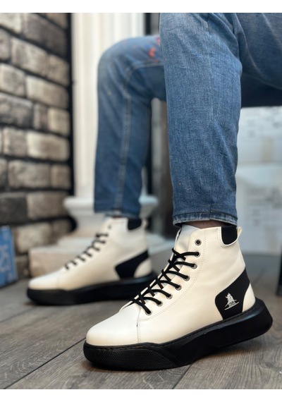 Boa Ba0155 Bağcıklı Erkek Yüksek Taban Beyaz Siyah Taban Spor Bot Beyaz