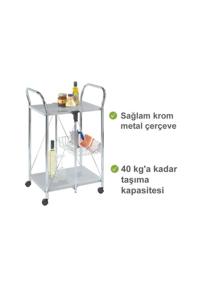 Beyaz, Katlanabilir Tekerlekli Metal Raflı Servis Arabası Genel
