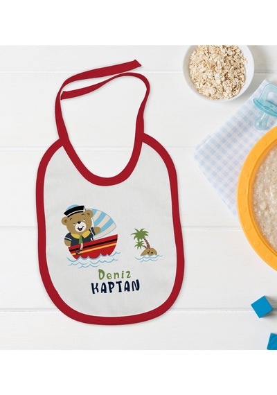 BK Kids Kişiye Özel Sevimli Kaptan Tasarımlı Kırmızı Bebek Mama Ö Kırmızı