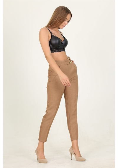 Neşeli Butik Kadın Camel Metal Kemerli Cepli Ofis Pantolon Qns028