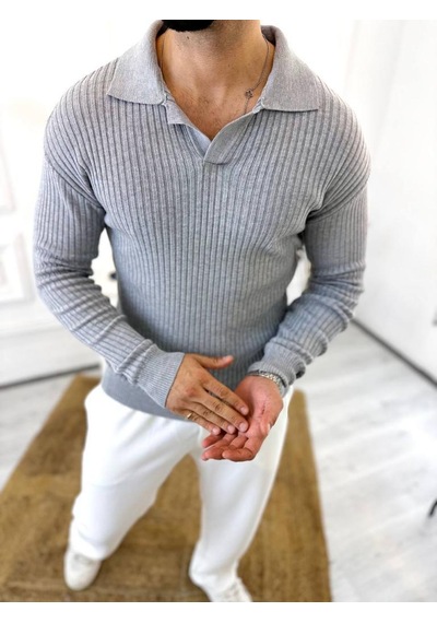 Elku Moda Kazak Slim Fit Polo Yaka Fitilli Yumuşak Dokulu Tüylenmez Sweatshirt Gri