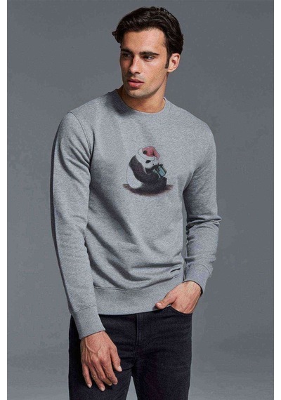 Panda Baskılı Gri Erkek Örme Sweatshirt (530945094)