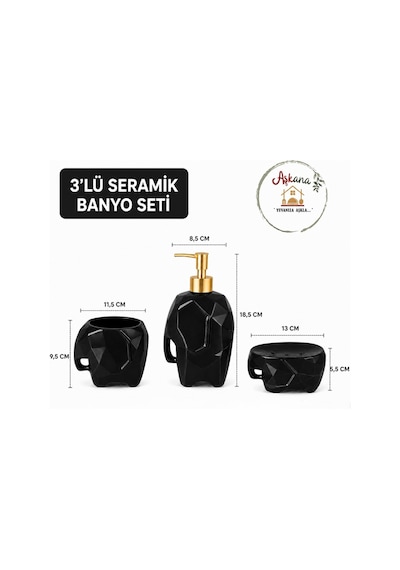 3 Lü Seramik Fil Figürlü Parlak Siyah Dekoratif Banyo Seti,diş Fırçalık+sıvı Sabunluk+katı Sabunluk Siyah
