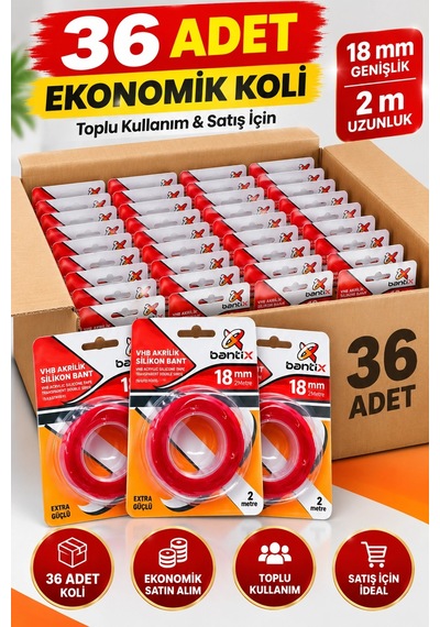 Şeffaf Çift Taraflı Bant 18 Mm X 2 Metre 36 Adet Koli Vhb Akrilik Silikon Güçlü Yapışkanlı Montaj Ba