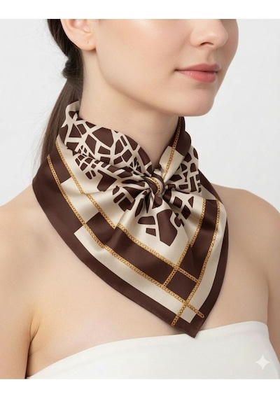 Tarzını Seç Kahverengi Mozaik Zincir Fular / Bandana / Aksesuar 48x48 Cm
