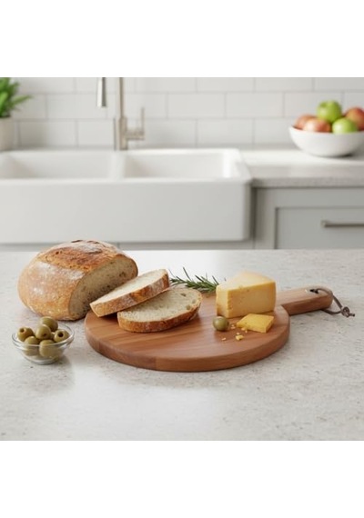 Akasya Ahşap Yuvarlak Sunum Tabağı 20x30 Cm Doğal Saplı Peynir, Şarküteri, Pizza Ve Meze Servis Tahtası Küçük Boy Modern Ahşap Sunumluk 1.2 Cm Kalınlık 15cm