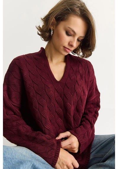 Shade Kadın Oval Yaka Saç Örgü Oversize Triko Kazak Tk241277 60284091 - Bordo