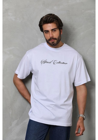 Barlashive Erkek Bisiklet Yaka Baskılı Kısa Kol T-shirt - Beyaz Çok Renkli