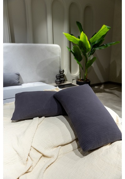 4 Katlı Müslin Yastık Kılıfı Antrasit 50x70cm 2adet