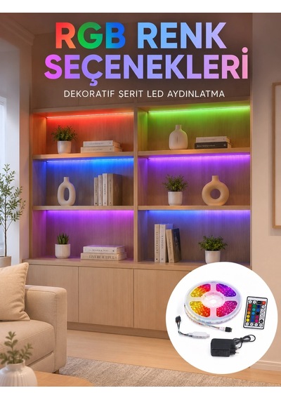 5 Metre Kumandalı Rgb Led Şerit 2835 Smd Dekoratif Tv Oda Masa Arkası Aydınlatma
