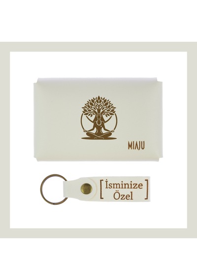 Miaju Beyaz Renk, Hayat Ağacı Desen, İsme Özel Cüzdan Ve Anahtarlık, Değer Verdiğine Efsane Hediye Beyaz