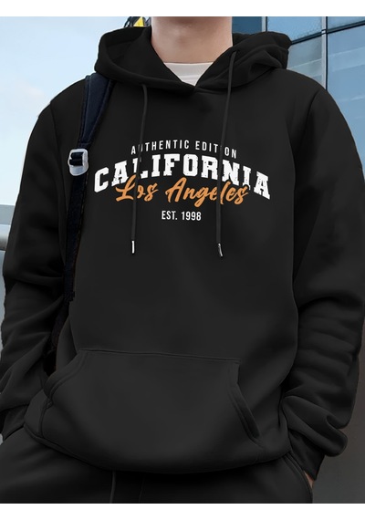 Startmore Startmorelos Angeles Kaliforniya Baskı Erkek Kapüşonlu Üst Sonbahar Bol Sweatshirt Hip Hop Cepli Polar Siyah