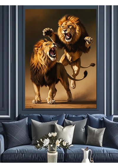 Ahşap Tablo Kavga Eden İki Aslan Resmi