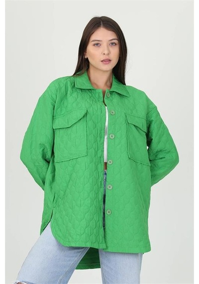 Neşeli Butik Kadın Kapitone İşlemeli Owersize Regular Ceket Gömlek Nb10055 Yeşil