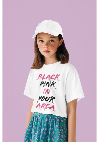 Sevbano Unisex Black Pink In Your Area Yazılı Müzik Grubu Çocuk Tişört 1 beyaz