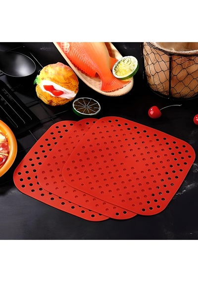 Renkli Isıya Dayanıklı Yıkanılabilir Silikon Fırın Airfryer Kare Model Pişirme Matı 21,5 Cm Kırmızı