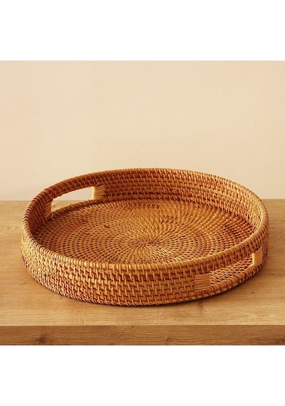 Bohem Rattan Kulplu Yuvarlak Tepsi 35x6 Cm Large, Iskandinav, Modern