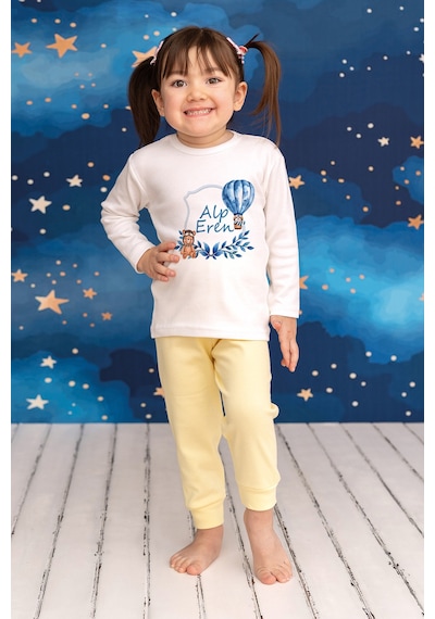 Pia Baby İsme Özel Erkek Çocuk 2 Adet Pijama Takımı %100 Pamuk Penye İsim Baskılı Kişiye Özel Kreş Pijaması Hediye Seti 10095s15pi Krem