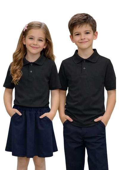 Erdem Kıds Unisex Kız Erkek Çocuk Polo Yaka Pamuklu Kısa Kol Siyah Günlük Basic Okul Tişört