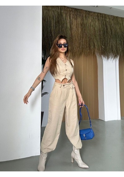 Hgfashion Kadın Yelek Pantolon İkili Takım Taş Renk Taş