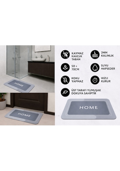 Nobera Kaymaz Tabanlı Süper Emici Paspas - Banyo Paspası 50x70 Cm Gri Açık Gri - Antrasit