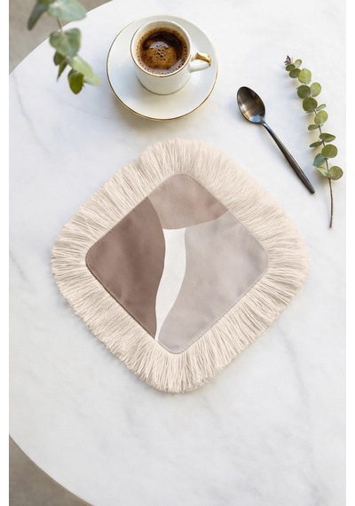 Soft Elegance Saçaklı Sunum Peçetesi - Akışkan Dalga Bohem Bej Krem Desenli Kahve Sunum Mendili Göl Açık Bej