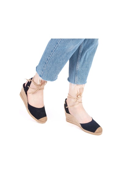 Star Tombis Gerçek Elişi Bilekten Bağcıklı Topuğu Açık Dolgu Topuk Keten Hasır Kadın Espadril Handmade Siyah