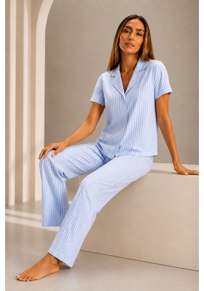 Kadın Kısa Kol Rahat Kalıp Şık Mavi Pijama Takımı