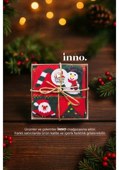 Inno Yılbaşı Desenli Noel Babalı Kraft Kutulu Çorap Tekli Yeşil
