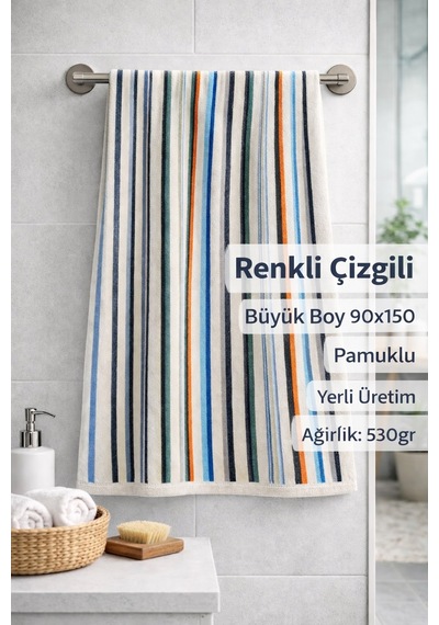 2 Adet Renkli Çizgili Büyük Boy Banyo Havlusu Ekonomik 90x150 Çok Renkli