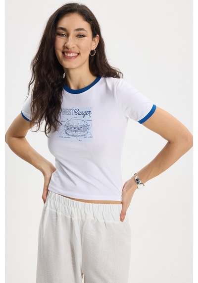 Tudors Kadın Slim Fit Dar Kesim %100 Pamuk Bisiklet Yaka Kısa Kollu Baskılı Beyaz Tişört-50510
