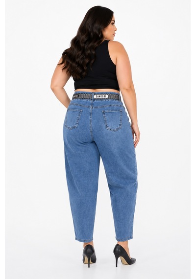 Zanessi Fashıon Büyük Beden Denim Kemerli Yüksek Bel Mom Kadın Pantolon Mavi
